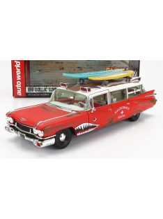   Autoworld - CADILLAC ELDORADO AMBULANCE WITH SHARK GRAPHICS AN SURFBOARDS 1959 RED WHITE