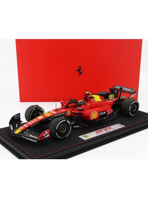 Bbr-Models - FERRARI F1  SF-23 TEAM SCUDERIA FERRARI N 55 POLE POSITION 3rd MONZA ITALY GP 2023 CARLOS SAINZ - CON VETRINA - WITH SHOWCASE RED BLACK YELLOW