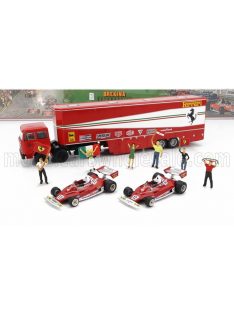   Brekina - FIAT 691 T TRUCK CAR TRANSPORTER ASSISTANCE WITH 6X FIGURES + 2X F1 FERRARI 312T2 N 11 WORLD CHAMPION NIKI LAUDA + N 12 CARLOS REUTEMANN SEASON 1977 RED