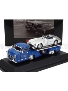   Brekina - MERCEDES BENZ SET 2X TRUCK RACING CAR TRANSPORTER RENNTRANSPORTER WITH 300 SLR SPIDER 1955 BLUE SILVER