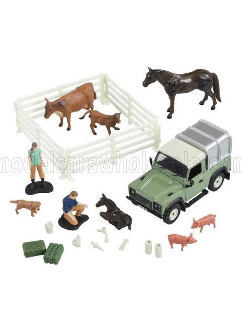 Britains - LAND ROVER LAND DEFENDER 90 PICK-UP CLOSED WITH ANIMALS AND FIGURES 1984 GREEN SILVER