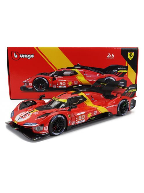 Burago - FERRARI 499P 3.0L TURBO V6 TEAM FERRARI AF CORSE N 50 5th 24h LE MANS (POLE POSITION) 2023 ANTONIO FUOCO - MIGUEL MOLINA - NICKLAS NIELSEN RED YELLOW BLACK