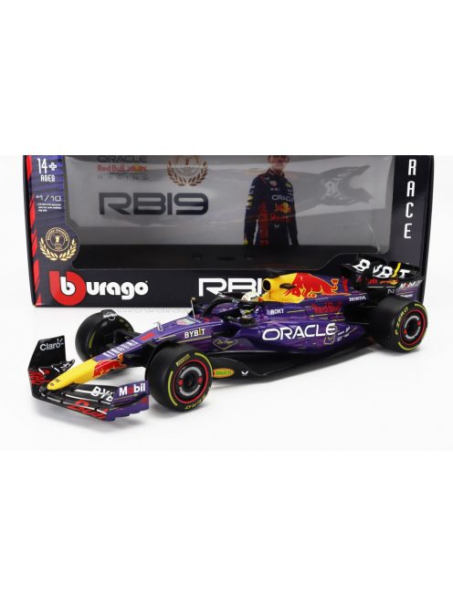 Burago - RED BULL F1  RB19 TEAM ORACLE RED BULL RACING N 1 WORLD CHAMPION WINNER LAS VEGAS USA GP 2023 MAX VERSTAPPEN PURPLE YELLOW RED