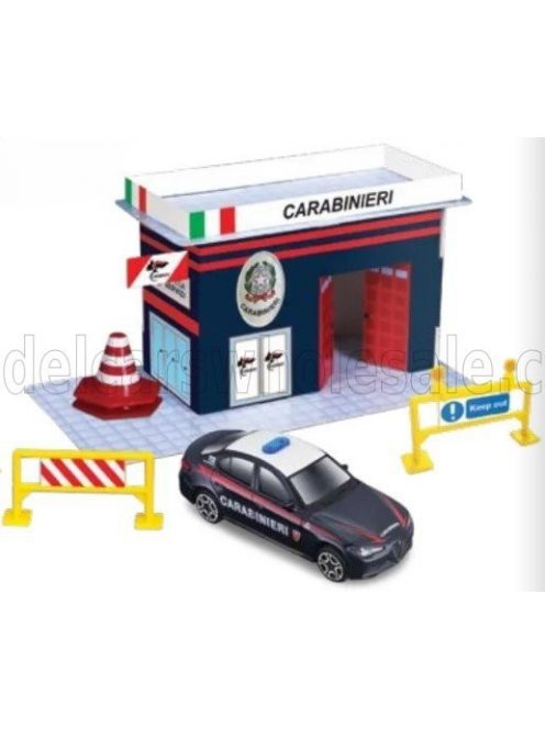 Burago - ACCESSORIES DIORAMA - SET BUILD YOUR CITY POLICE STATION - CASERMA CARABINIERI - WITH ALFA ROMEO GIULIA 2016 LIGHT BLUE WHITE