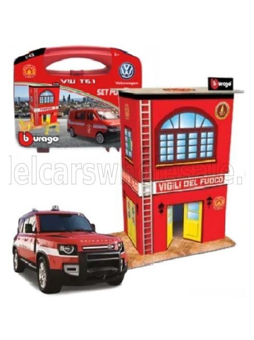 Burago - ACCESSORIES DIORAMA - SET BUILD YOUR CITY FIRE STATION - CASERMA VIGILI DEL FUOCO - WITH LAND ROVER NEW DEFENDER 110 2020 RED WHITE