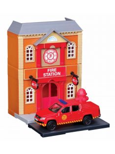   Burago - ACCESSORIES DIORAMA - SET FIRE STATION WITH VOLKSWAGEN AMAROK PICK-UP 2009 RED