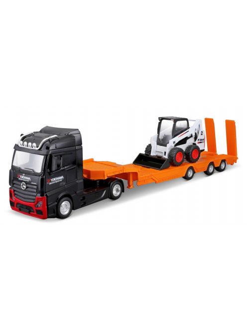 Burago - MERCEDES BENZ ACTROS 2 GIGASPACE TRUCK PIANALE TRASPORTO BOBCAT RUSPA GOMMATA FRONT LOADER SCRAPER 2016 BLACK ORANGE