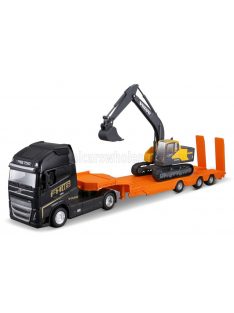   Burago - VOLVO FH16 XL 750 EURO 6 CAB TRUCK PIANALE TRASPORTO ESCAVATORE CINGOLATO EXCAVATOR 2018 RED ORANGE