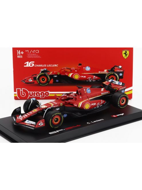 Burago - FERRARI F1  SF-24 TEAM SCUDERIA FERRARI N 16 4th EMILIA ROMAGNA IMOLA GP 2024 CHARLES LECLERC - WITH PILOT AND SHOWCASE RED BLACK