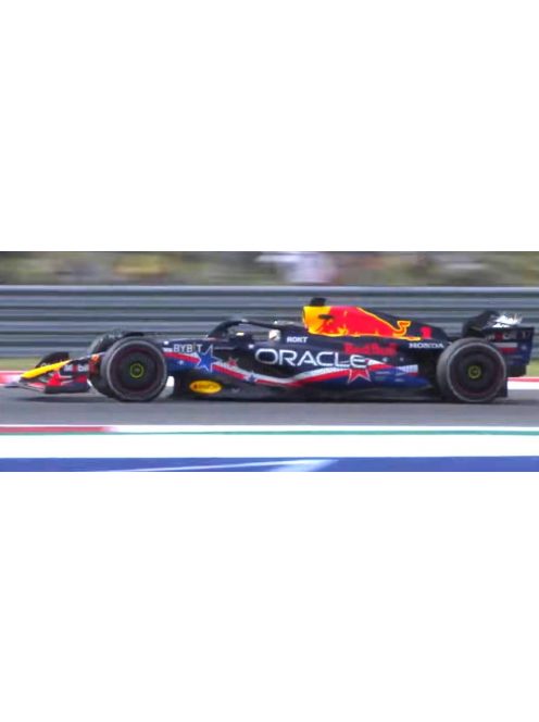 Burago - RED BULL F1  RB19 TEAM ORACLE RED BULL RACING N 1 WORLD CHAMPION WINNER AUSTIN USA GP 2023 MAX VERSTAPPEN - WITH PILOT AND SHOWCASE MATT BLUE