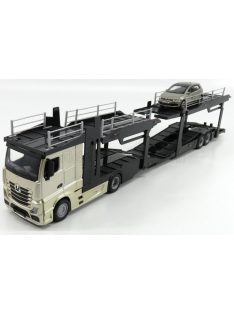   Burago - MERCEDES BENZ ACTROS 2 2545 TRUCK CAR TRANSPORTER 2016 WITH VOLKSWAGEN POLO GTi GOLD MET BLACK GREY MET