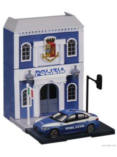   Burago - Accessories Diorama - Set Build Your City Police Station - Caserma Polizia - With Alfa Romeo Giulia 2015 Light Blue White