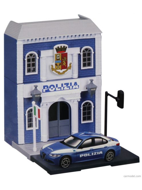 Burago - Accessories Diorama - Set Build Your City Police Station - Caserma Polizia - With Alfa Romeo Giulia 2015 Light Blue White