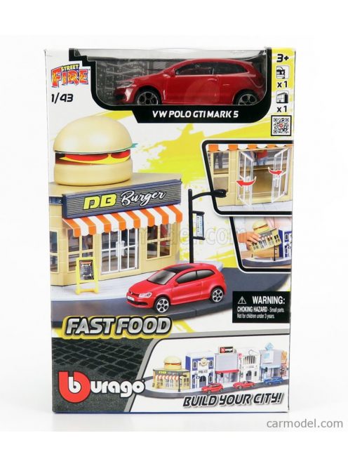 Burago - Accessories Diorama - Set Build Your City Fast Food - With Volkswagen Polo Gti 1.4 Tsi 2010 Red