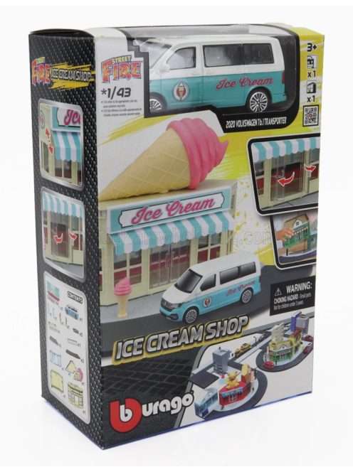 Burago - ACCESSORIES DIORAMA - SET ICE CREAM SHOP WITH VOLKSWAGEN T6 MINIBUS 2018 LIGHT BLUE WHITE