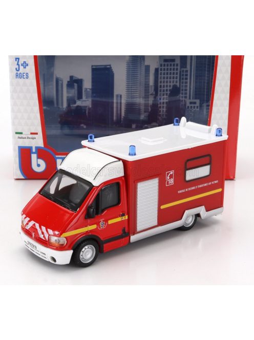 Burago - RENAULT MASTER VAN VEHICULE DE SECOURS ET D'ASSISTANCE AUX VICTIMES AMBULANCE SAPEURS POMPIER 1994 RED WHITE