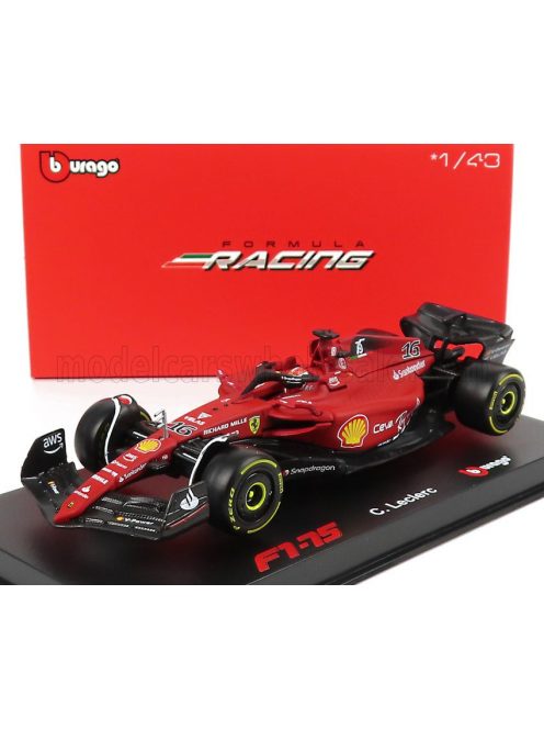 Burago - FERRARI F1-75 SCUDERIA FERRARI N 16 SEASON 2022 CHARLES LECLERC WITH HELMET AND PLASTIC SHOWCASE - EXCLUSIVE CARMODEL RED