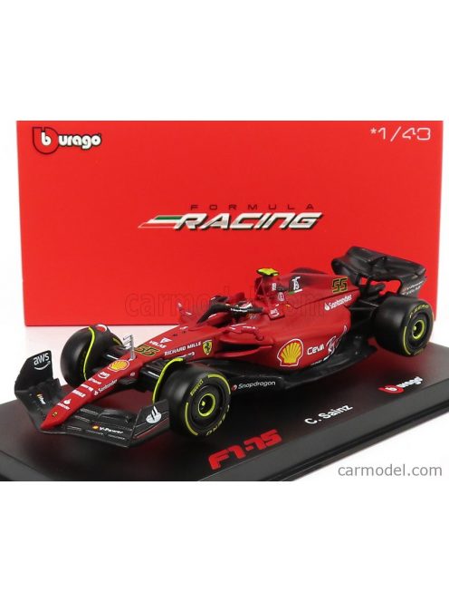 Burago - Ferrari F1-75 Scuderia Ferrari N 55 Season 2022 Carlos Sainz With Helmet And Plastic Showcase - Exclusive Carmodel Red