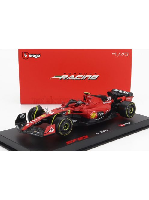 Burago - FERRARI F1  SF-23 TEAM SCUDERIA FERRARI N 55 SEASON 2023 CARLOS SAINZ - WITH PILOT AND SHOWCASE - EXCLUSIVE CARMODEL RED BLACK