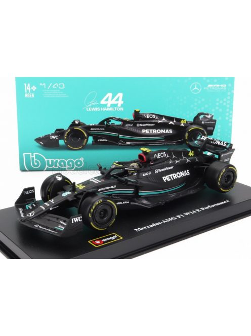 Burago - MERCEDES GP F1 W14 TEAM MERCEDES-AMG PETRONAS FORMULA ONE N 44 SEASON 2023 LEWIS HAMILTON - CON PILOTA E VETRINA - WITH PILOT AND SHOWCASE MATT BLACK