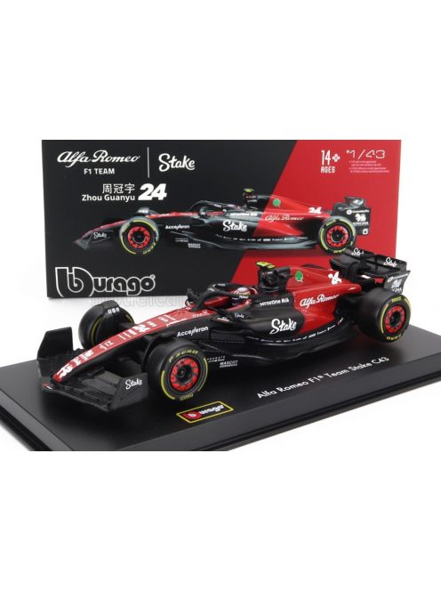 Burago - ALFA ROMEO F1  C43 TEAM STAKE N 24 SEASON 2023 GUANYU ZHOU - CON PILOTA E VETRINA - WITH PILOT AND SHOWCASE - EXCLUSIVE CARMODEL BLACK RED