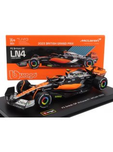   Burago - McLAREN F1  MCL60 TEAM McLAREN N 4 2nd BRITISH GP 2023 LANDO NORRIS - CON PILOTA E VETRINA - WITH PILOT AND SHOWCASE ORANGE BLACK CHROME