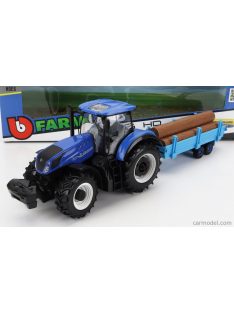   Burago - New Holland T7.315 Tractor With Logs Of Wood Trailer 2018 Blue