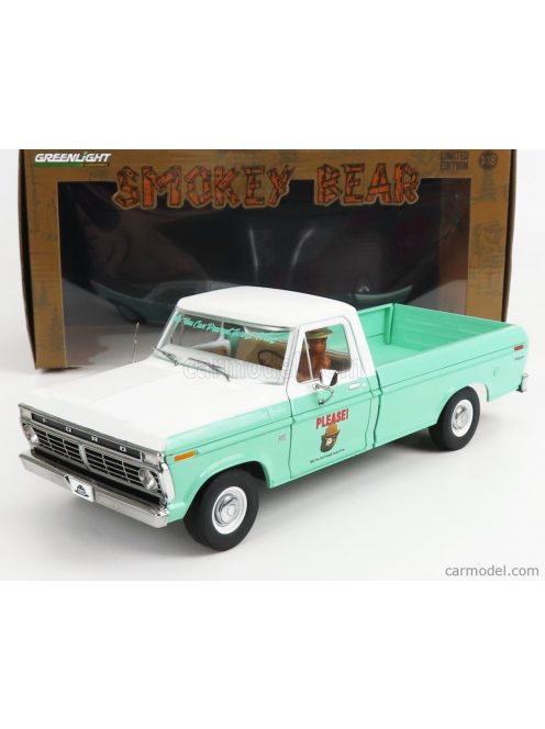 Greenlight - Ford Usa F-100 Pick-Up Forest Service Green With Smokey Bear Figure 1975 Very Light Green White