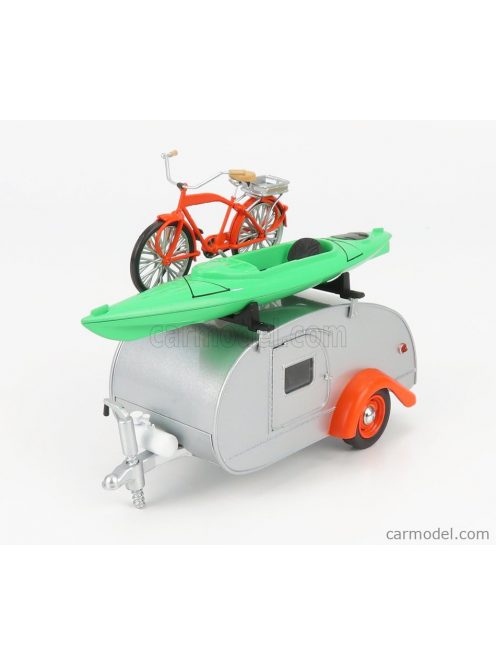 Greenlight - Trailer Teardrop With Bicycle And Kayak Boat Roulotte 1960 Silver Red Green