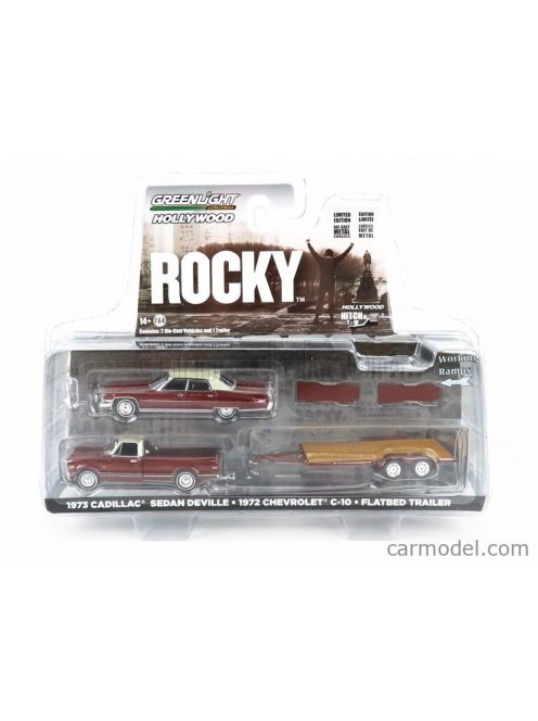 Greenlight - Chevrolet C-10 Pick-Up 1972 With Trailer + Cadillac Sedan Deville 1973 - Rocky I Movie Red White