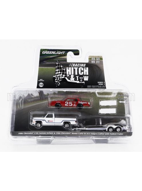 Greenlight - CHEVROLET C-30 PICK-UP CUSTOM DELUXE 1986 WITH TRAILER + MONTE CARLO SS N 25 RACING 1986 WHITE RED