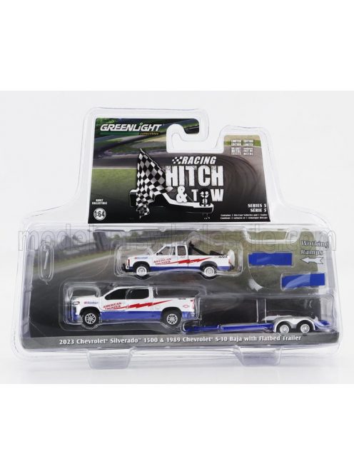 Greenlight - CHEVROLET SILVERADO 1500 PICK-UP 2023 WITH TRAILER + S-10 PICK-UP BAJA 1989 WHITE RED BLUE