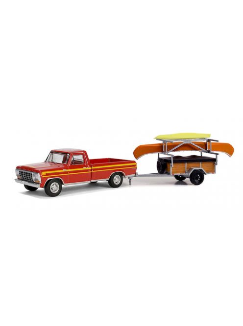 Greenlight - 1:64 1978 Ford F-150 Ranger Explorer – Maroon with Orange Explorer Stripes with Canoe Trailer with Canoe Rack, Canoe and Kayak Solid Pack - Hitch & Tow Series 31 - GreenLight