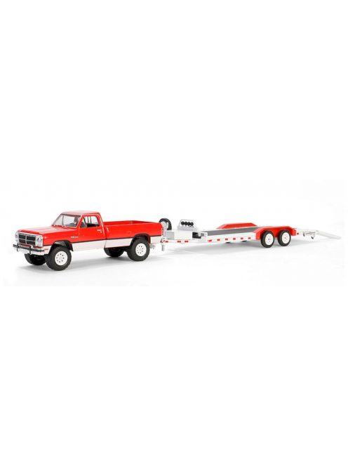 Greenlight - 1:64 1991 Dodge Ram Power Ram 250 - Red & White with Heavy Duty Car Hauler Solid Pack - Hitch & Tow Series 31 - GreenLight