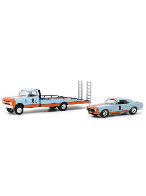 GREENLIGHT - H.D. Trucks Series 18 - 1967 Chevrolet C-30 RampTruck Gulf Oil with 1967 Chevrolet Camaro Gulf Oil #6 Solid Pack