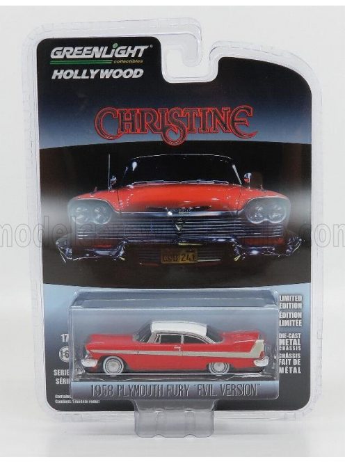 Greenlight - PLYMOUTH FURY 2-DOOR 1958 - BLACK WINDOWS - EVIL VERSION - CHRISTINE LA MACCHINA INFERNALE RED WHITE