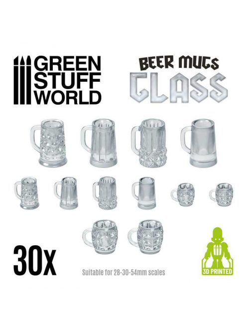 Green Stuff World - 3D Printed set - Beer Mugs - Glass - 30 pcs