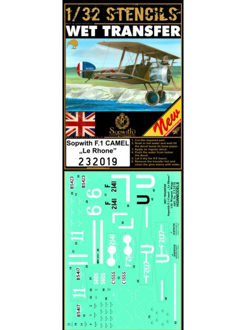 HGW Models - 1/32 Sopwith F.1 Camel - Le Rhone Stencils - Wet Transfers - Wingnut Wings