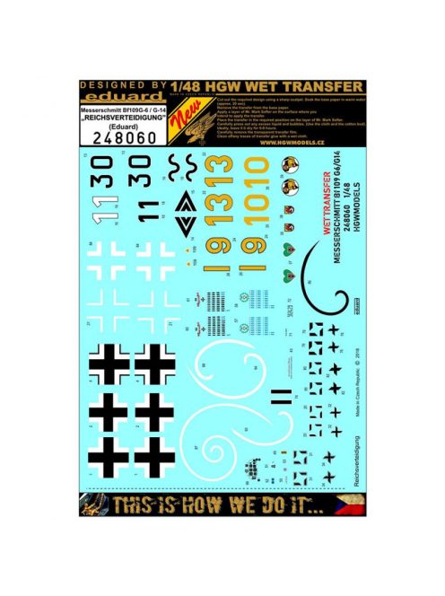 HGW Models - 1/48 Bf 109G-6 / G-14 Reichsverteidigung - Markings - Wet Transfers - Eduard