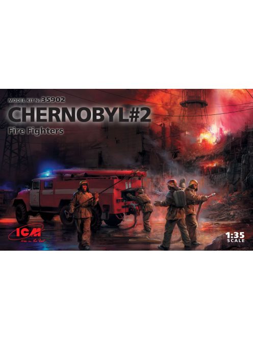 ICM - Chernobyl#2. Fire Fighters (AC-40-137A firetruck & 4 figures & diorama base with background)