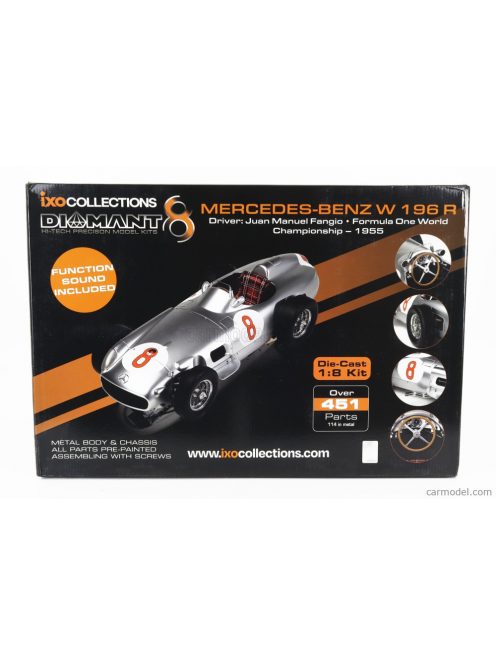 Ixomodels - Mercedes Benz F1 W196 N 8 World Champion Season 1955 Juan Manuel Fangio - 451 Pezzi - 451 Pieces - Included Function Sound Silver