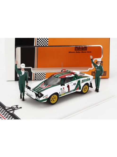 Ixo-Models - LANCIA STRATOS HF TEAM ALITALIA (night version) N 10 WINNER RALLY MONTECARLO 1977 WITH FIGURE SANDRO MUNARI - SILVIO MAIGA WHITE GREEN RED