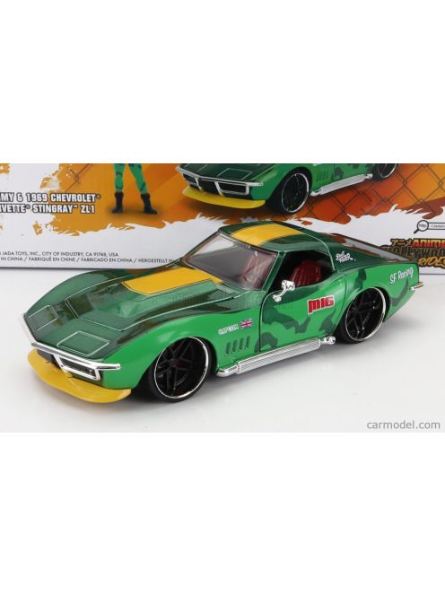 Jada - Chevrolet Corvette Zl1 Stingray 1969 With Cammy Street Fighter Figure Green Yellow