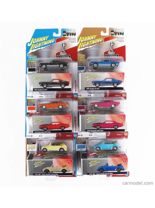 Johnny Lightning - Volkswagen Set Assortment 6 Pieces - 2X Beetle Cabriolet - 2X Ford Usa Mustang Gt350 Coupe 1968 - 2X Plymouth Aar Cuda 1970 Various