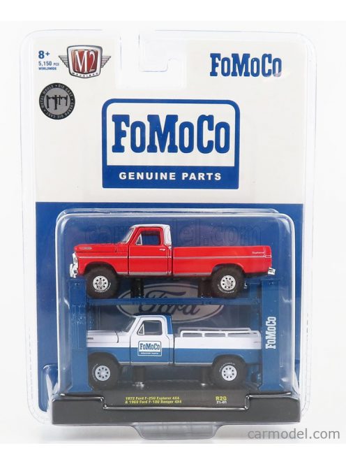 M2Machines - Ford Usa 2X F-100 Pick-Up 1969 - Garage Set Officina - Ponte Sollevatore Auto - Four Post Lift Red - White Blue