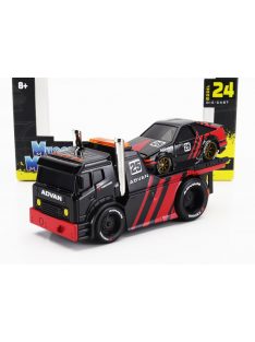   Maisto - TRUCK JDM FLATBED TRUCK CAR TRANSPORTER WITH TOYOTA SPRINTER TRUENO (AE86) ADVAN CUSTOM 1983 BLACK RED