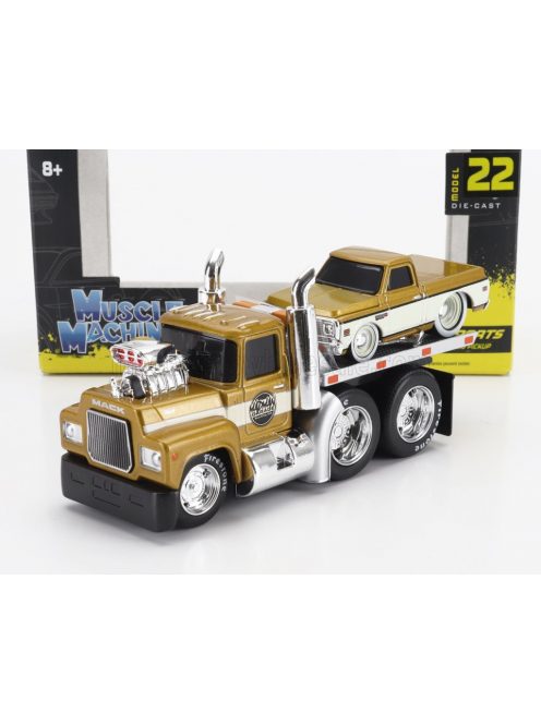 Maisto - MACK R685ST FLATBED TRUCK CAR TRANSPORTER WITH CHEVROLET C-10 PICK-UP CUSTOM 1972 GOLD WHITE