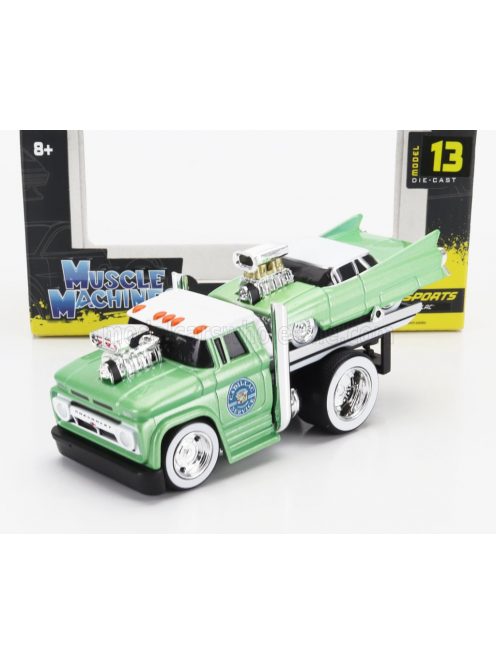 Maisto - CHEVROLET C-60 FLATBED CAR TRANSPORTER 1966 WITH CADILLAC CUSTOM 1961 LIGHT GREEN MET