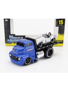   Maisto - FORD USA COE FLATBED TRUCK CAR TRANSPORTER 1965 WITH SHELBY COBRA N 6 CUSTOM 1964 BLUE SILVER