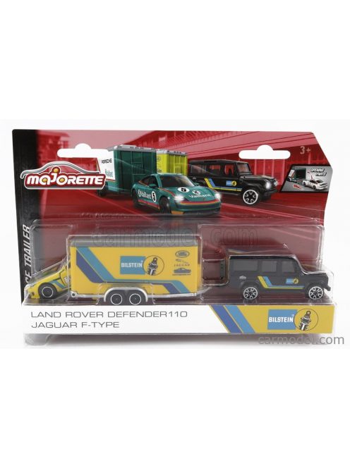 Majorette - Land Rover Defender 110 With Trailer Car Transporter + Jaguar F-Type Team Bilstein N 97 Racing 2015 Black Yellow Blue